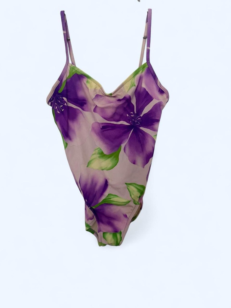 Floral Purple One Piece Bathing Suit With Green Leaves